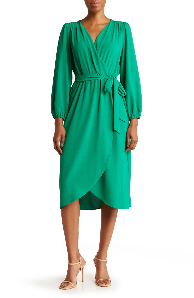 Connected Apparel Long Sleeve Faux Wrap Midi Dress, Main, color, 