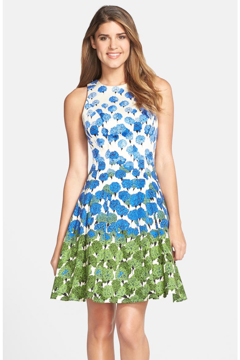 Floral Print Fit & Flare Dress, Main, color, CREAM/ PERIWINKLE