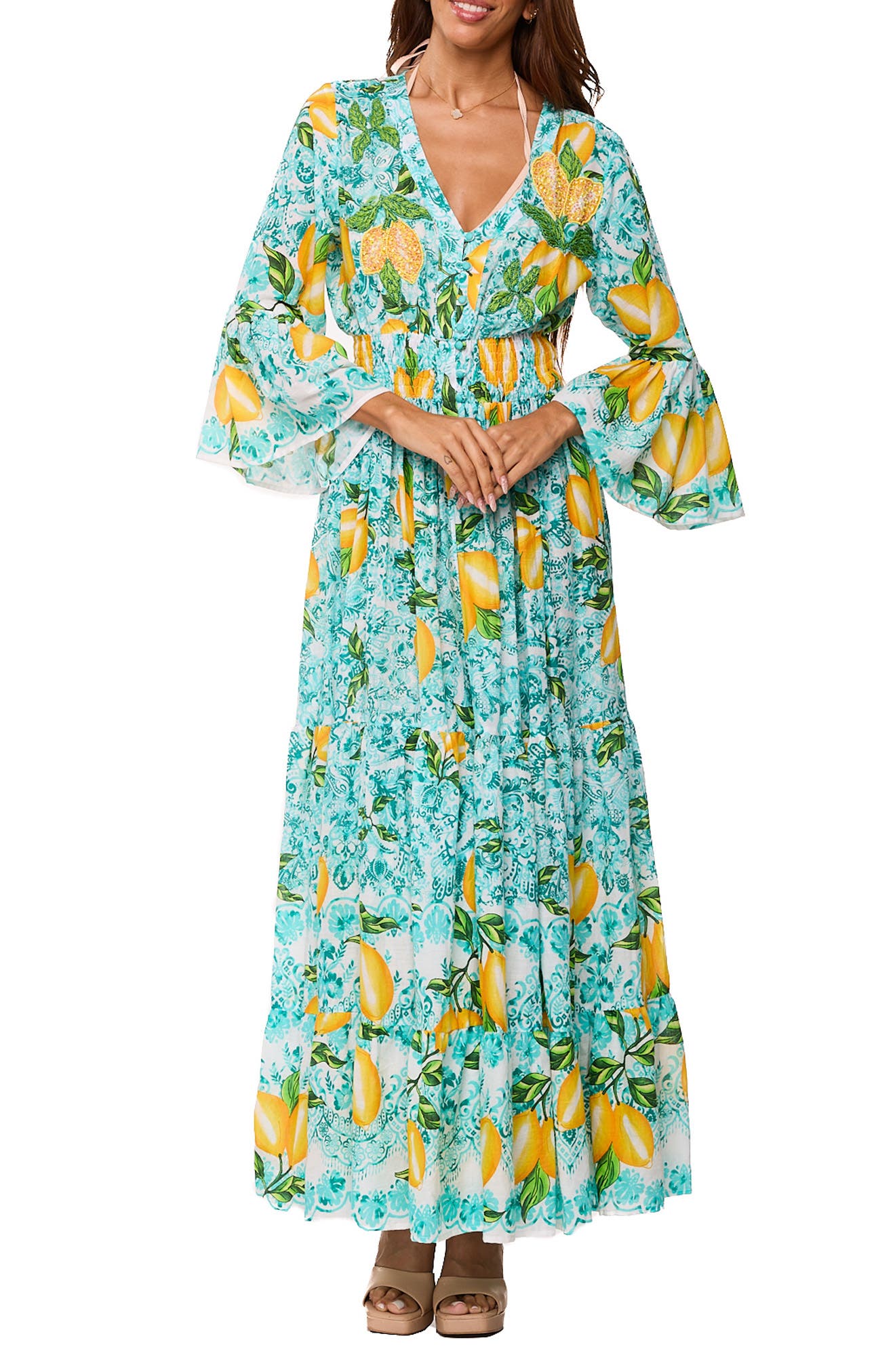 RANEES Long Sleeve Smocked Waist Maxi Dress