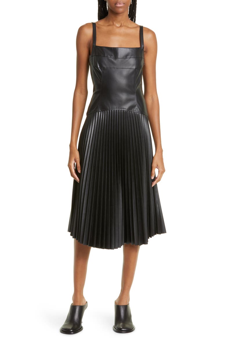 Proenza Schouler White Label Drop Waist Pleated Faux Leather Midi Dress, Main, color, 