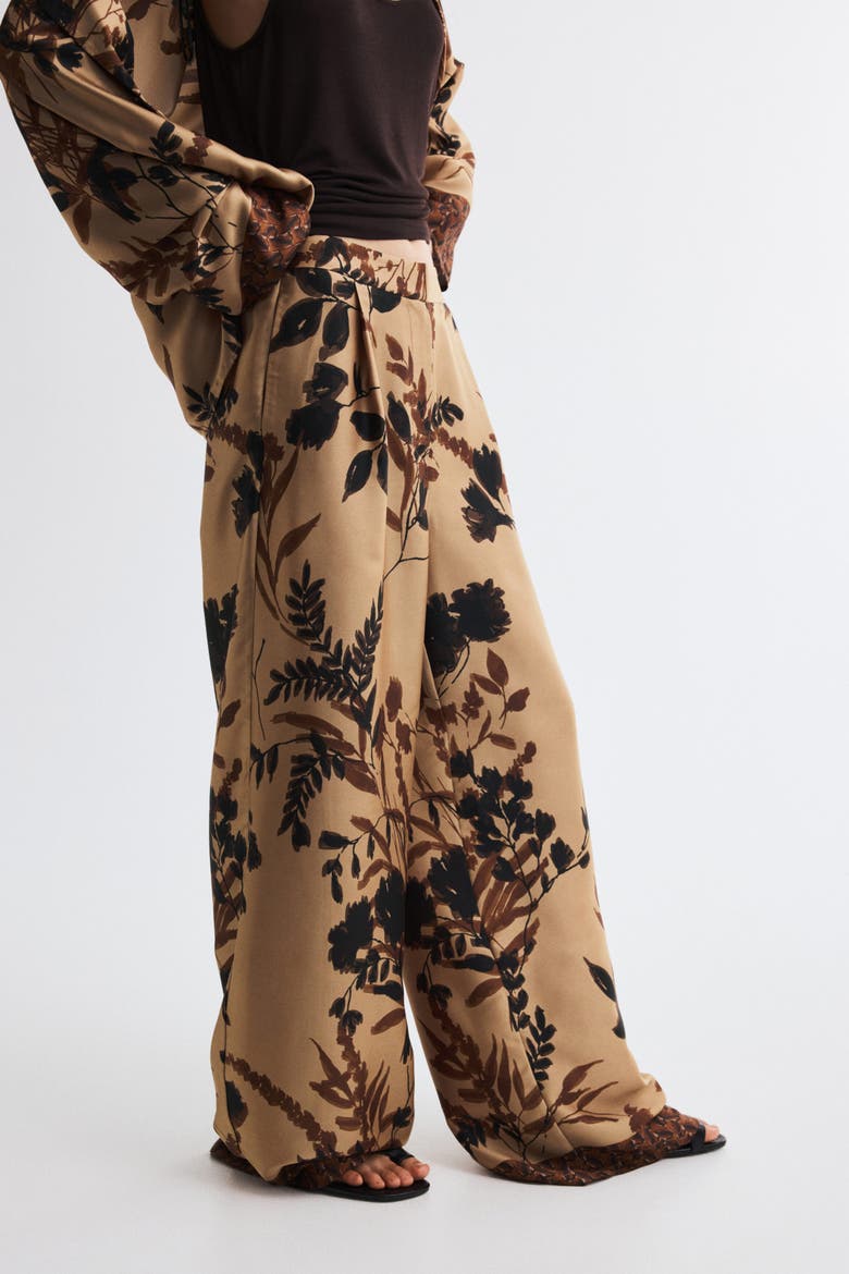 Pleated Satin Twill Pants, Alternate, color, Beige/patterned