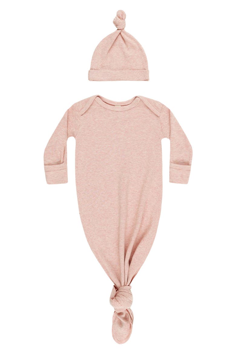 Rib Knotted Stretch Organic Cotton Blend Gown & Hat Set, Main, color, ROSE