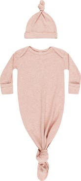 QUINCY MAE Rib Knotted Stretch Organic Cotton Blend Gown & Hat Set