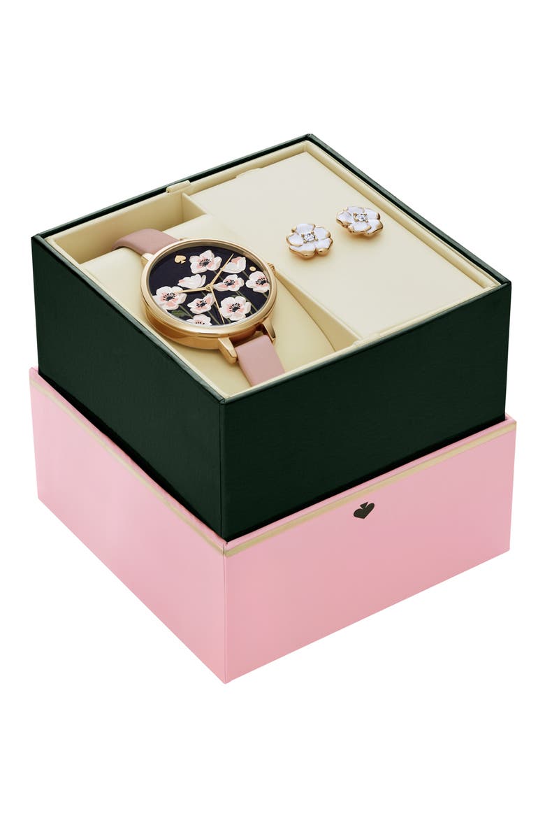 three-hand quartz leather strap watch & earrings set, Alternate, color, GOLD