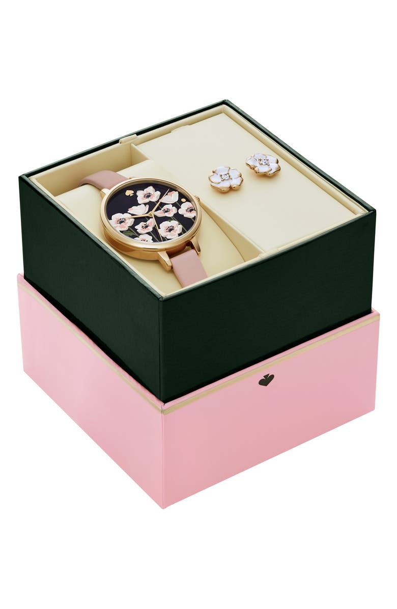 Kate Spade New York three-hand quartz leather strap watch & earrings set, Alternate, color, Gold