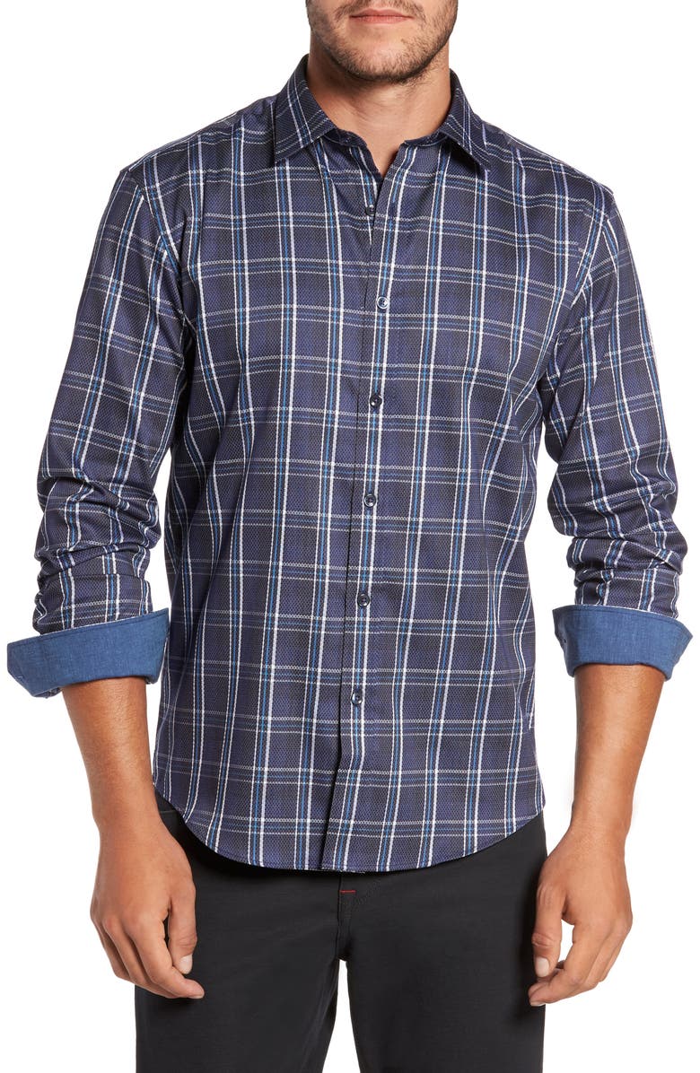 Bugatchi Trim Fit Diamond Weave Windowpane Sport Shirt, Main, color, 