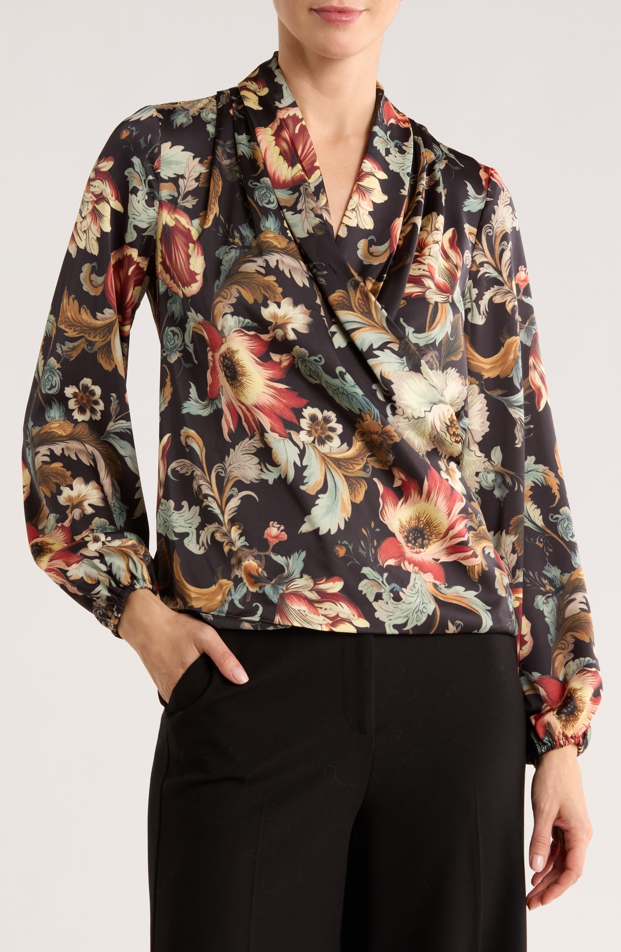 T Tahari Long Sleeve Faux Wrap Top