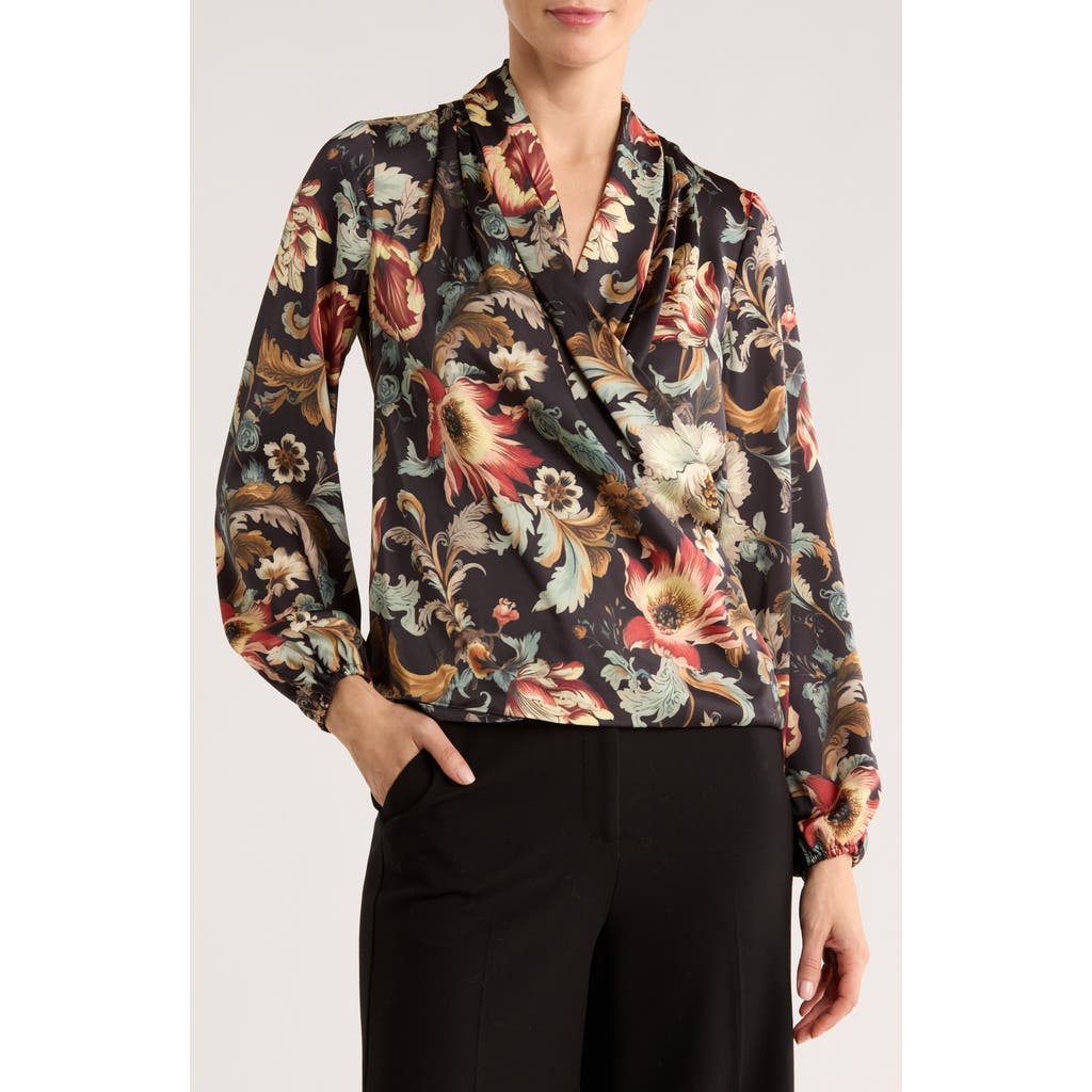 T Tahari Long Sleeve Faux Wrap Top In Black