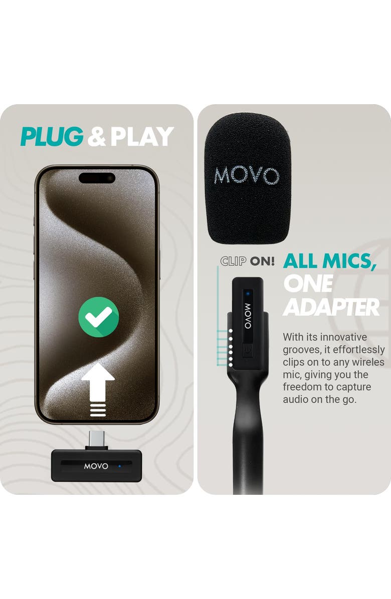 MOVO Wireless Mini UC Duo Dual Ultra Compact Wireless Lavalier Microphones for iPhone 15 and up with Handheld Adapter, Alternate, color, Black