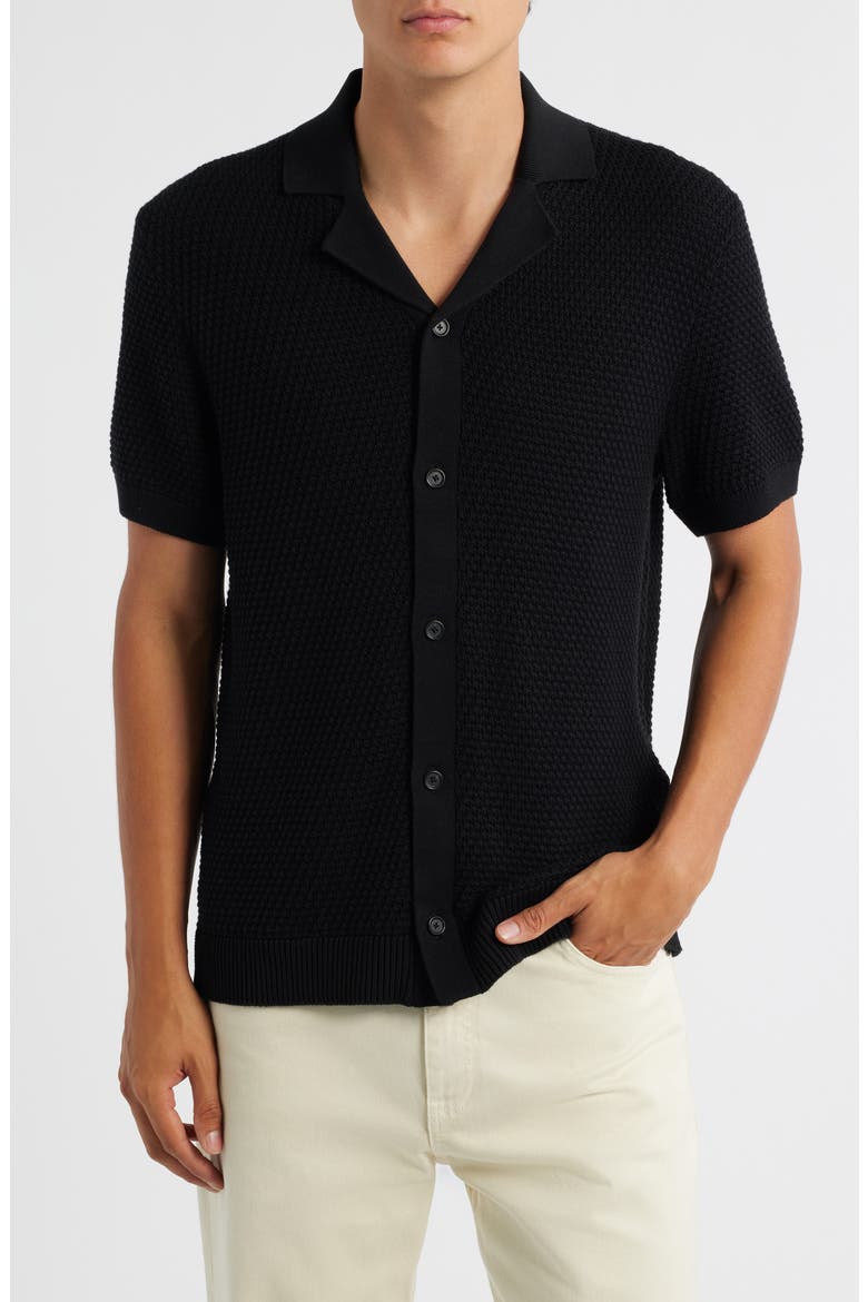 Iconico Textured Knit Camp Shirt, Main, color, BLACK