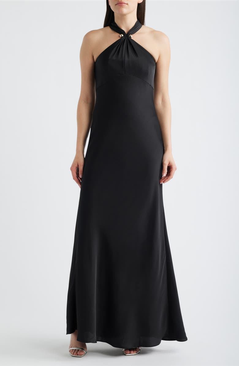 Vince Camuto Satin Halter Gown, Main, color, Black