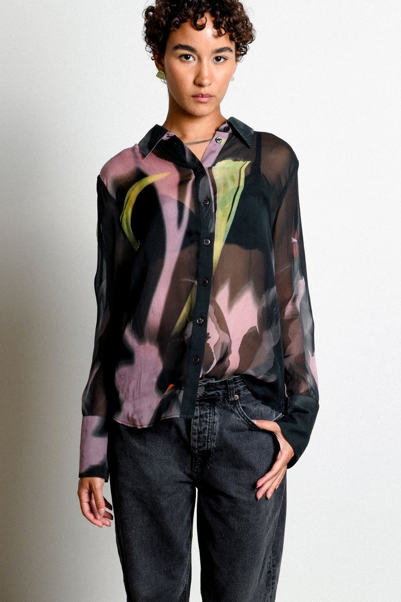 Kali Sheer Organza Long Sleeve Button-Down, Alternate, color, Shadow Iris