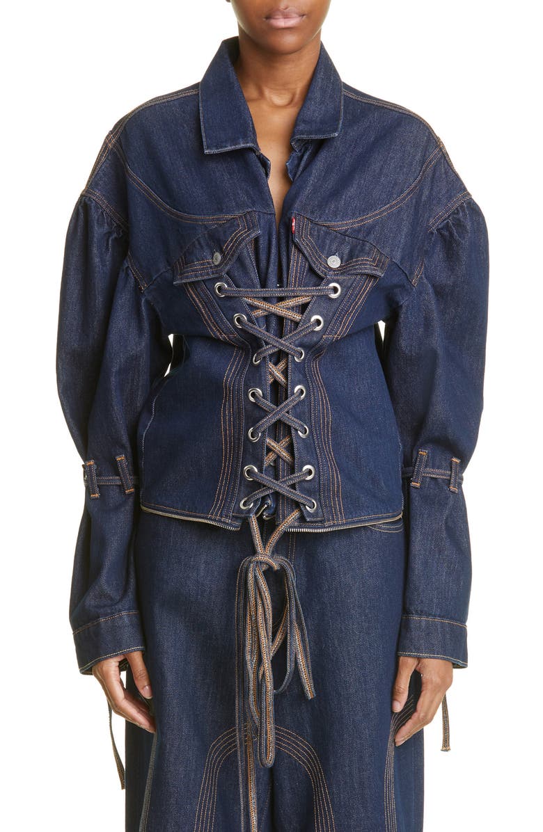 NO SESSO X LEVIS Unisex Corset Zip Hem Convertible Denim Jacket, Main, color,