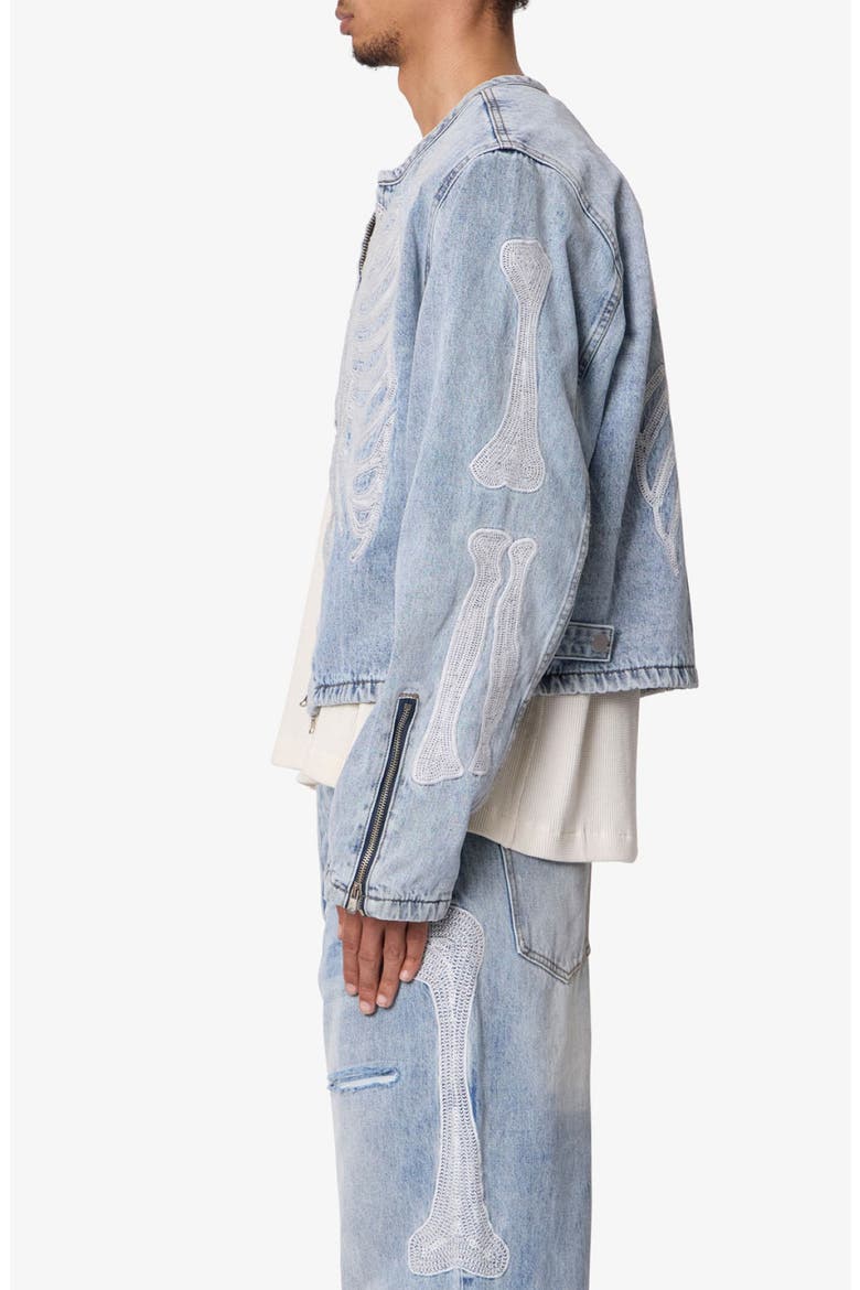 Skeleton Denim Moto Jacket, Alternate, color, WASHED BLUE