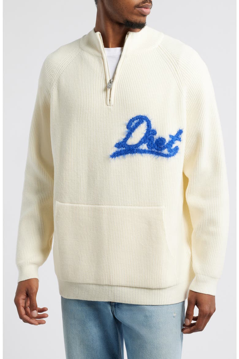 Fuzzy Logo Waffle Knit Quarter Zip Pullover, Main, color, CREAM/ BLUE