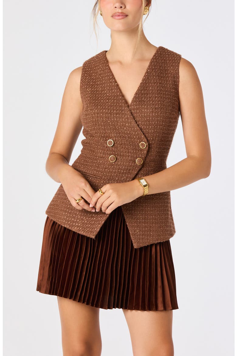 Allyson Tweed & Satin Pleated Minidress, Alternate, color, BROWN