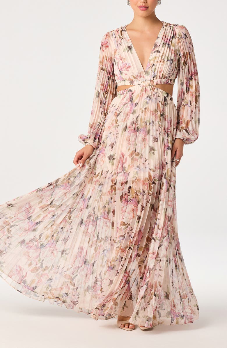 ASTR the Label Revery Floral Pleated Cutout Long Sleeve Maxi Dress, Alternate, color, Yellow Pink Floral