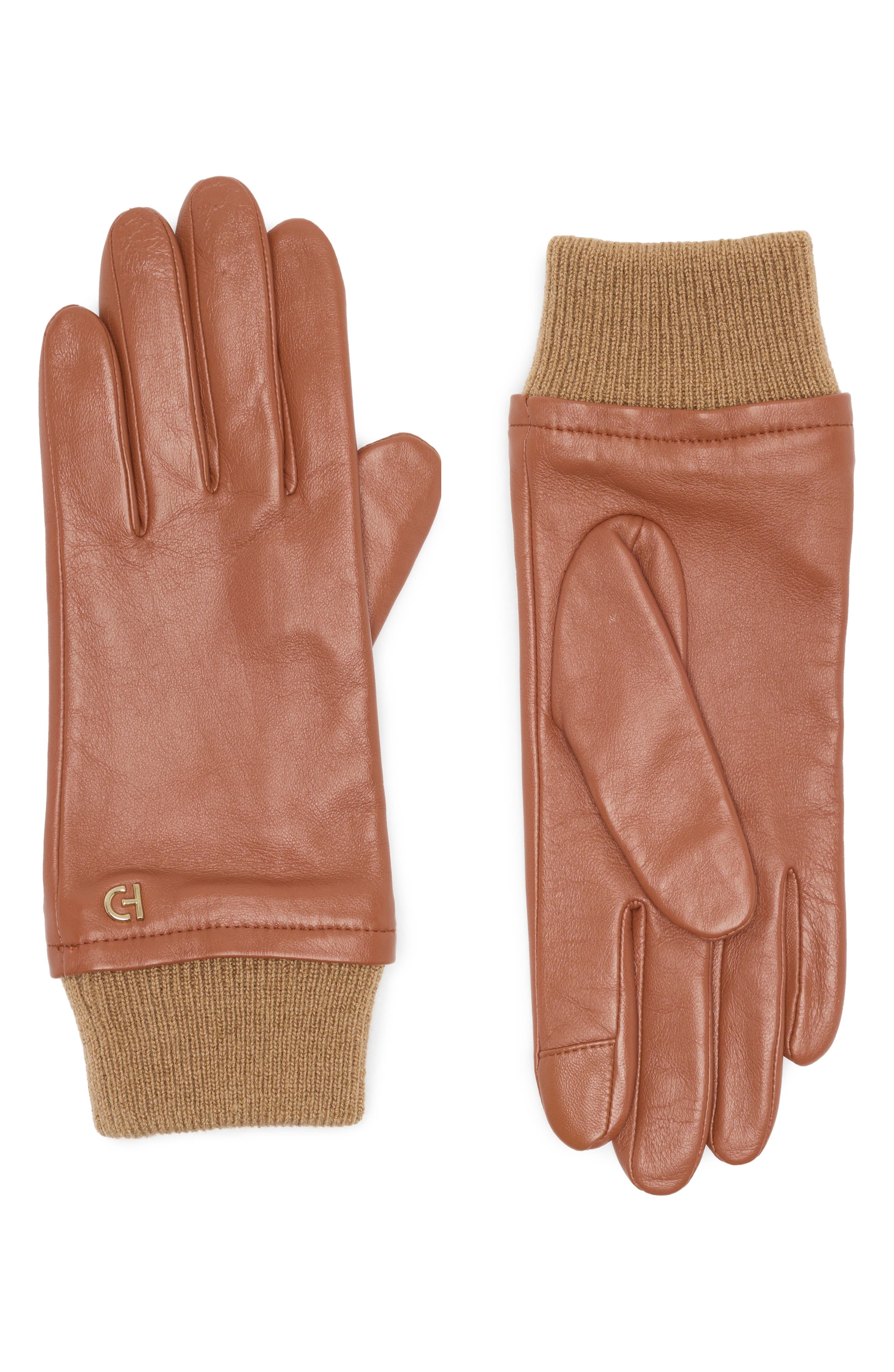 Cole Haan Leather Knit Cuff Gloves