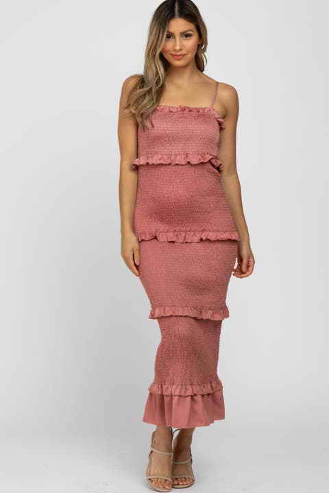 Satin Smocked Fitted Midi Dress