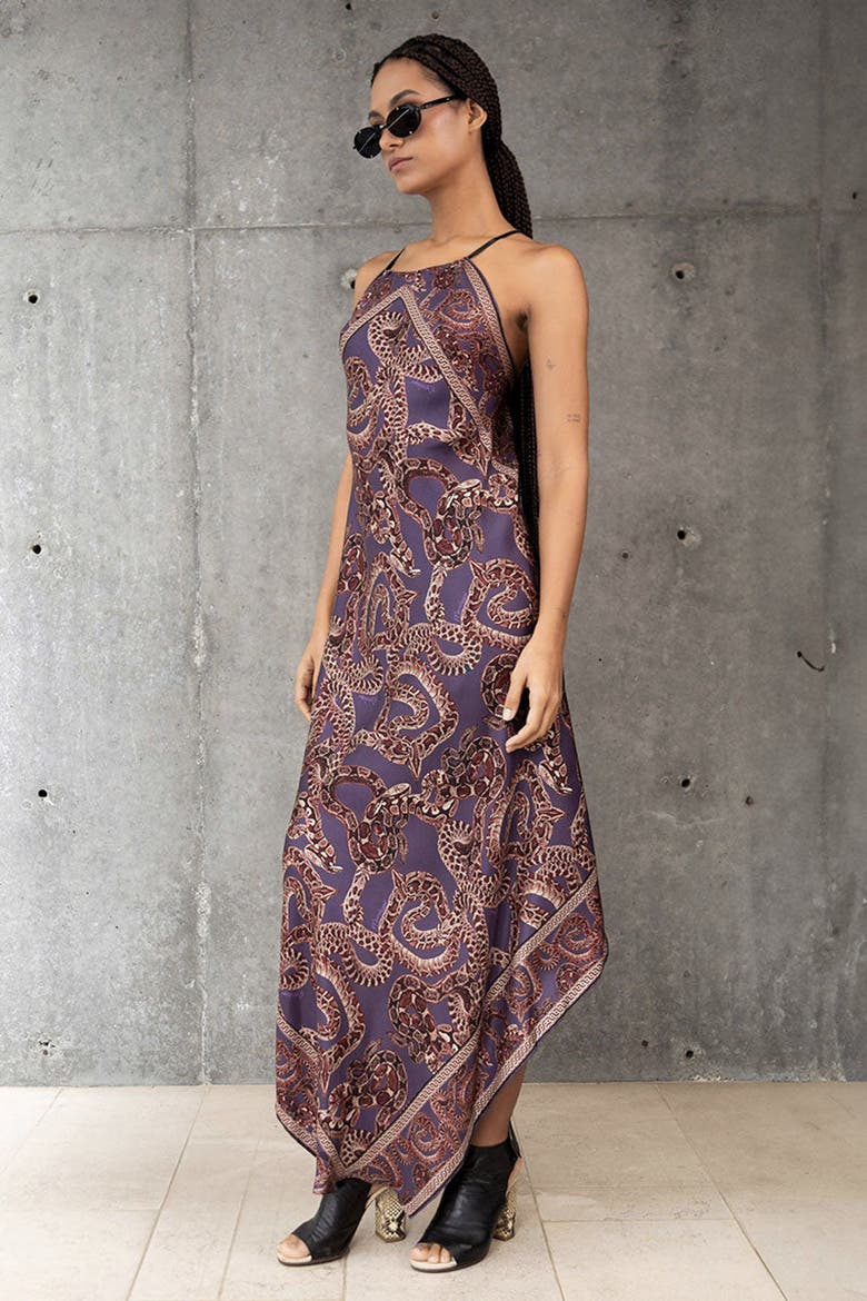 Silk Snake Scarf Maxi Dress, Alternate, color, Vino x Purple
