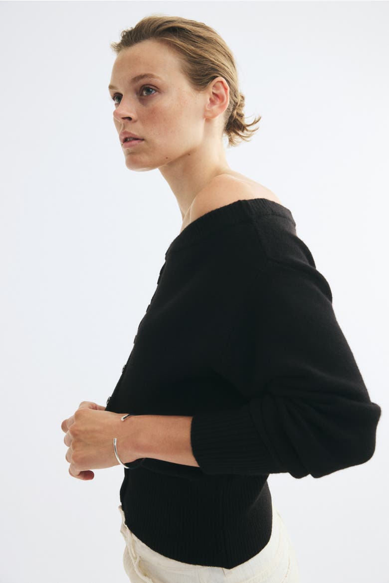 Bouclé-Knit Off-The-Shoulder Cardigan, Alternate, color, Black