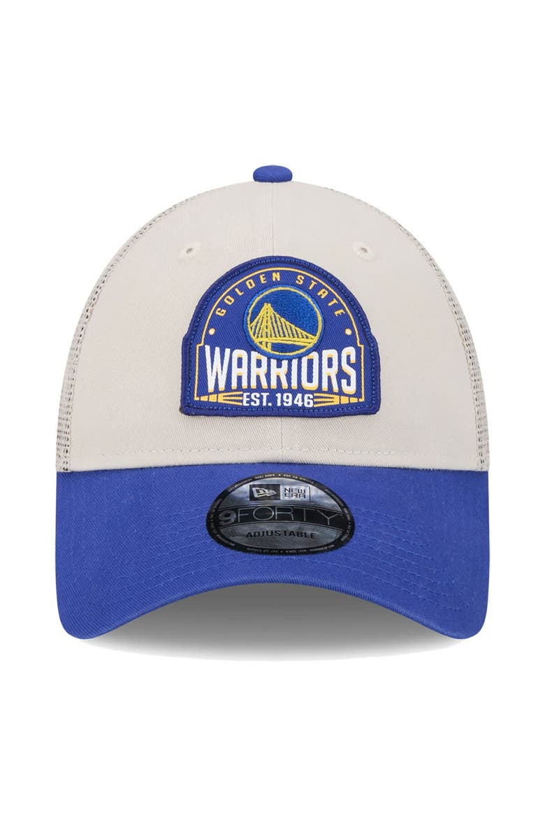 Men's New Era Khaki/Royal Golden State Warriors Throwback Patch Trucker 9FORTY Adjustable Hat, Alternate, color, Khaki