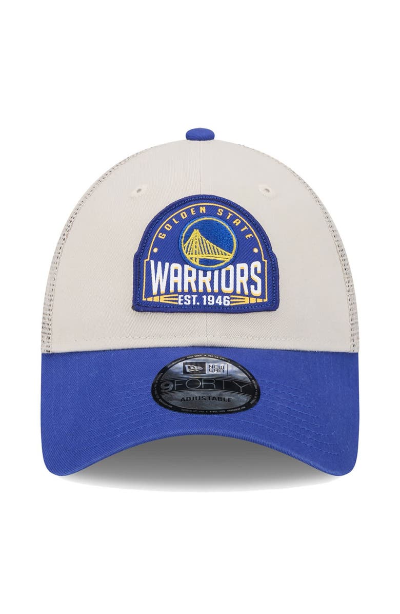 New Era Men's New Era Khaki/Royal Golden State Warriors Throwback Patch Trucker 9FORTY Adjustable Hat, Alternate, color, Khaki