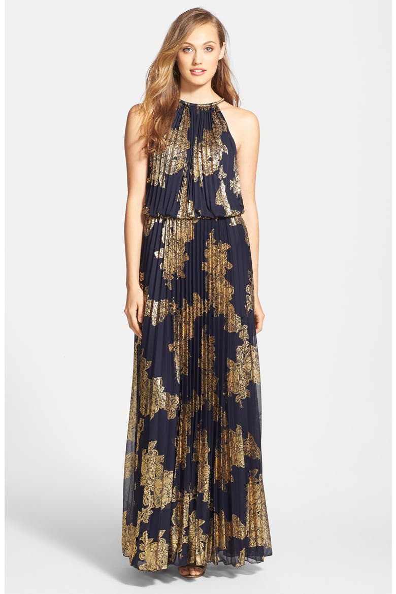 Xscape Foiled Blouson Gown, Main, color, NAVY/ GOLD