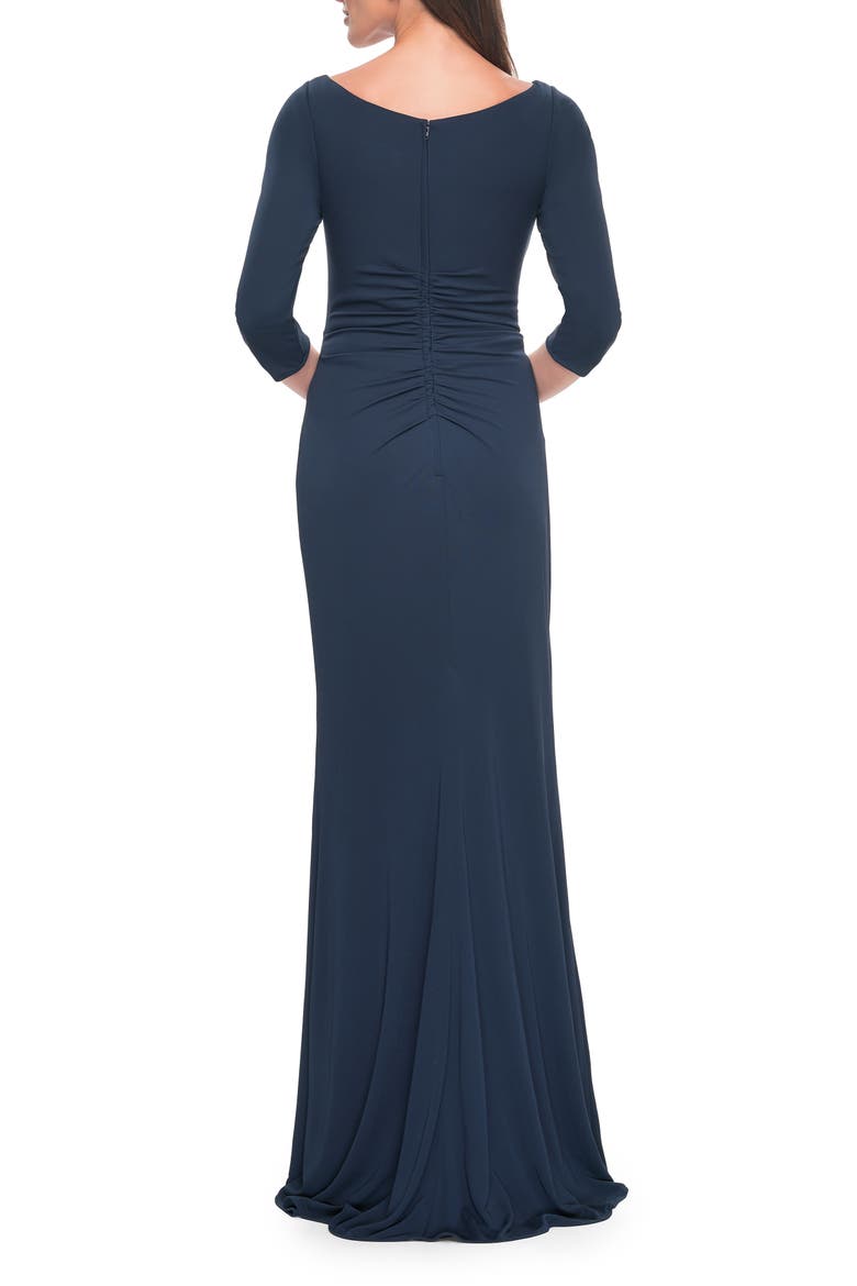 Chic Long Evening Gown with High Neck and Ruffle Detail, Alternate, color, Navy
