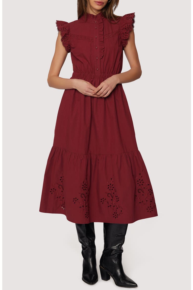 Artista Aura Cap Sleeve Cotton Midi Dress, Main, color, CRIMSON