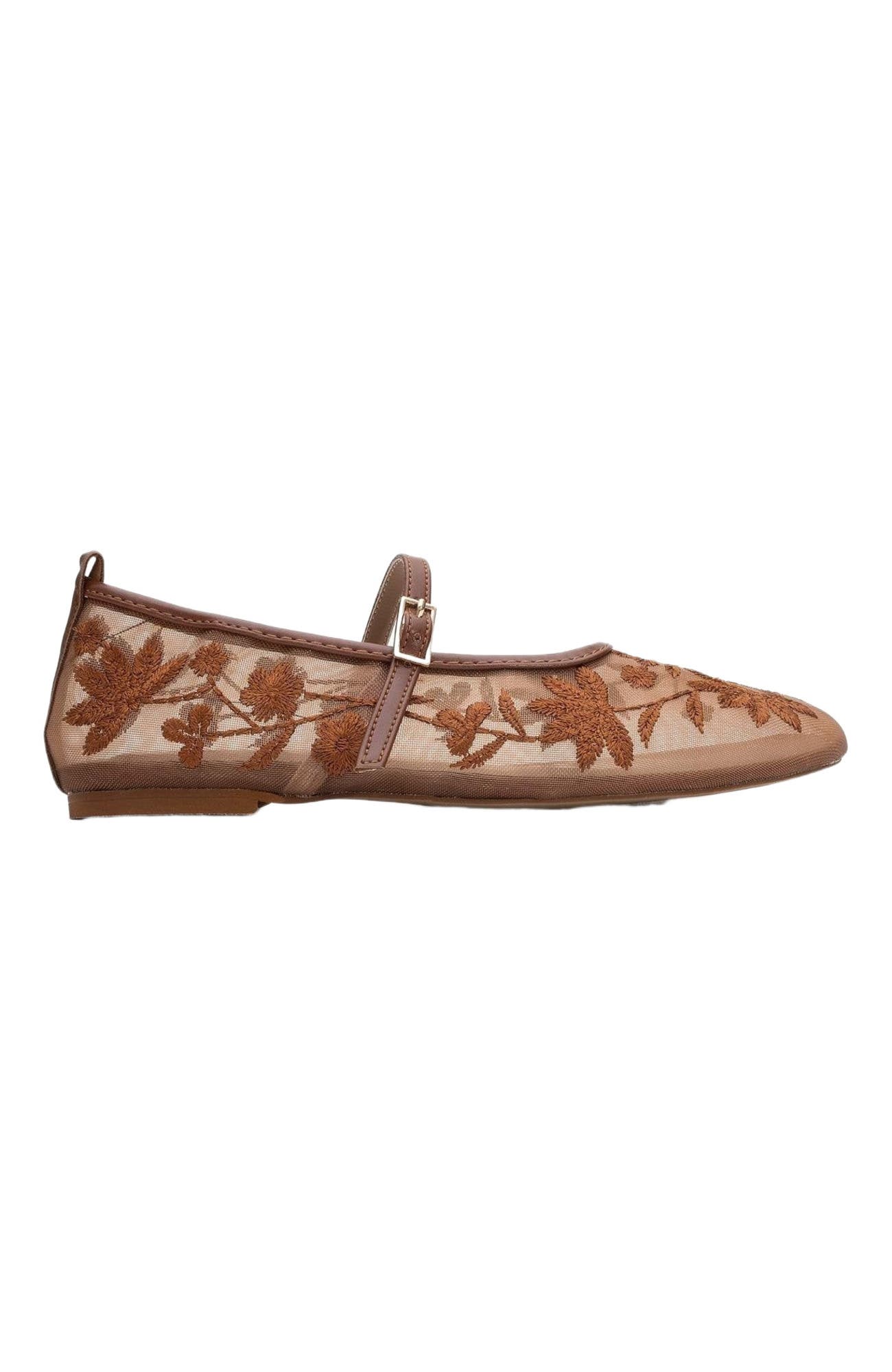 Prologue Shoes Juny Mesh Floral Embroidery Ballet Flat, Alternate, color, Cognac Faux Leather
