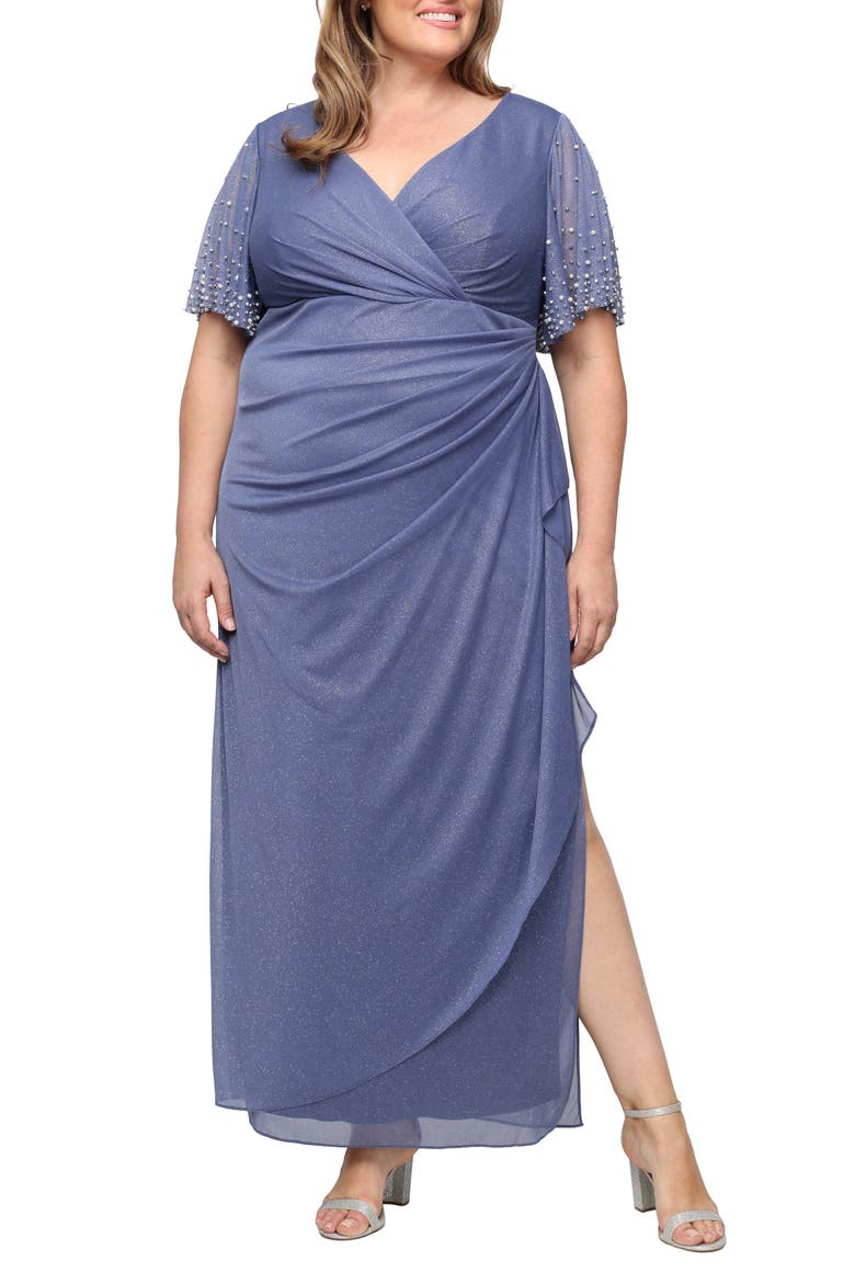 Metallic Embellished Flutter Sleeve Cocktail Dress, Main, color, DUSTY BLUE