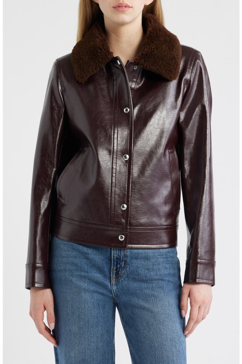 Slim Fit Faux Leather Jacket With Faux Fur Collar, Alternate, color, BURGUNDY