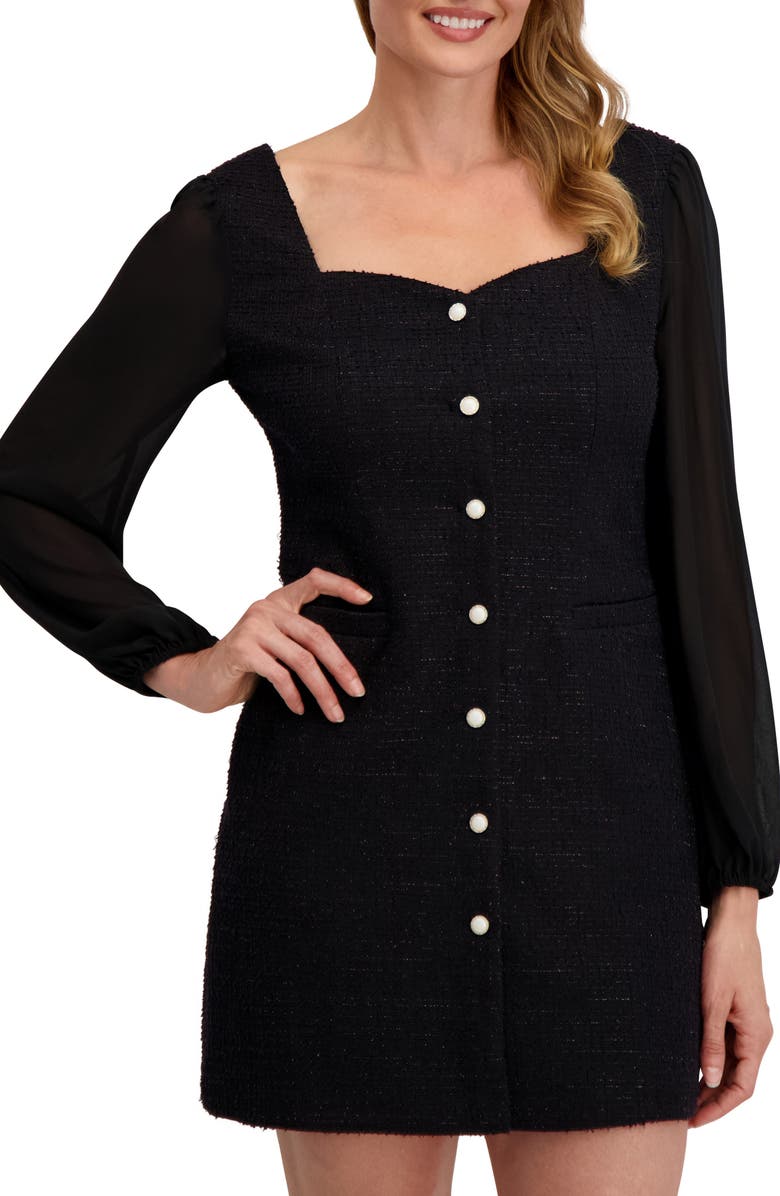 Laundry by Shelli Segal Isla Long Sleeve Mixed Media Minidress, Alternate, color, Black Onyx