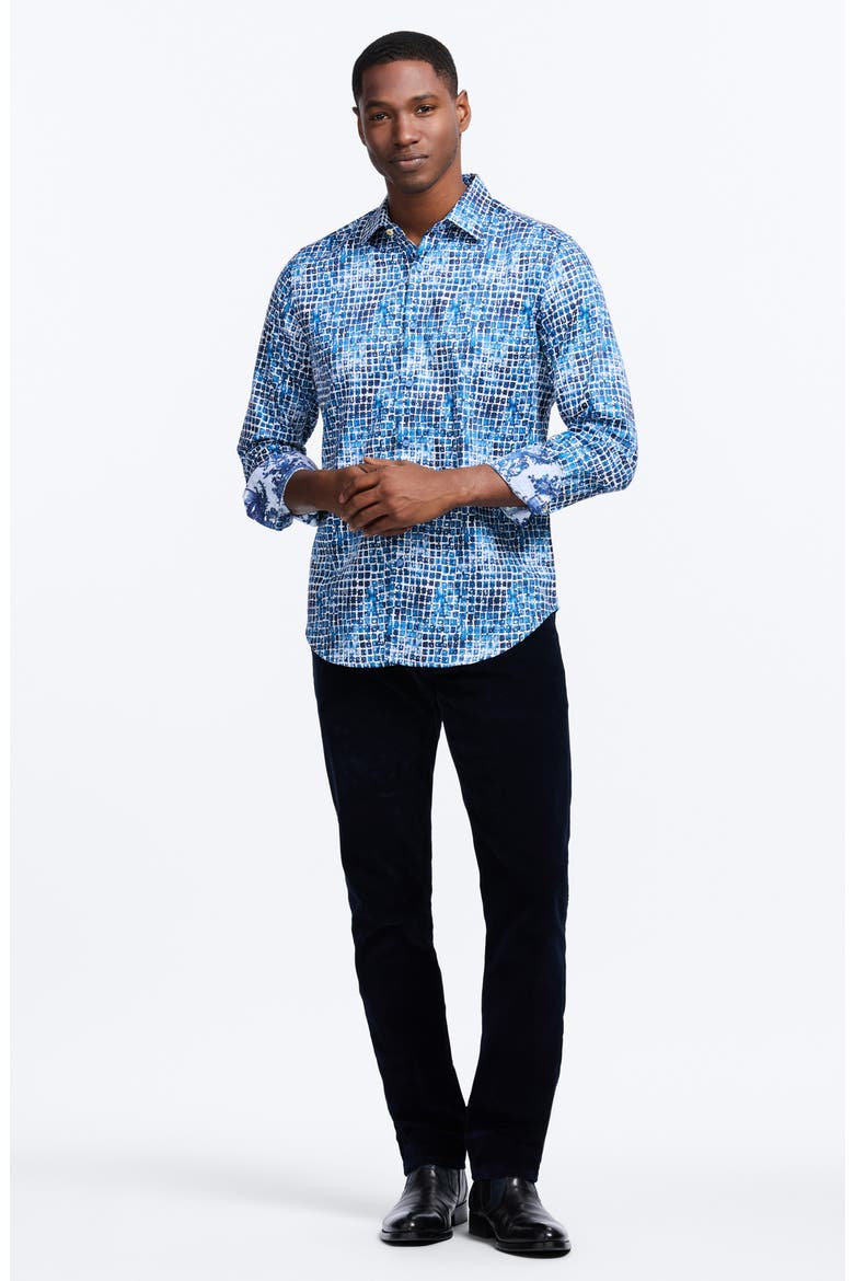 Hester Tile Print Stretch Cotton Button-Up Shirt, Alternate, color, BLUE
