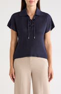 T Tahari Tie Neck Short Sleeve Open Stitch Sweater