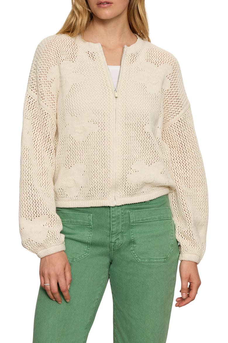 Daily Escape Flower Knit Front Zip Sweater, Main, color, COLLAGEN WHITE