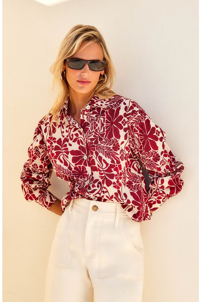 Lena Floral Cotton Button-Up Shirt, Alternate, color, RED PRINT