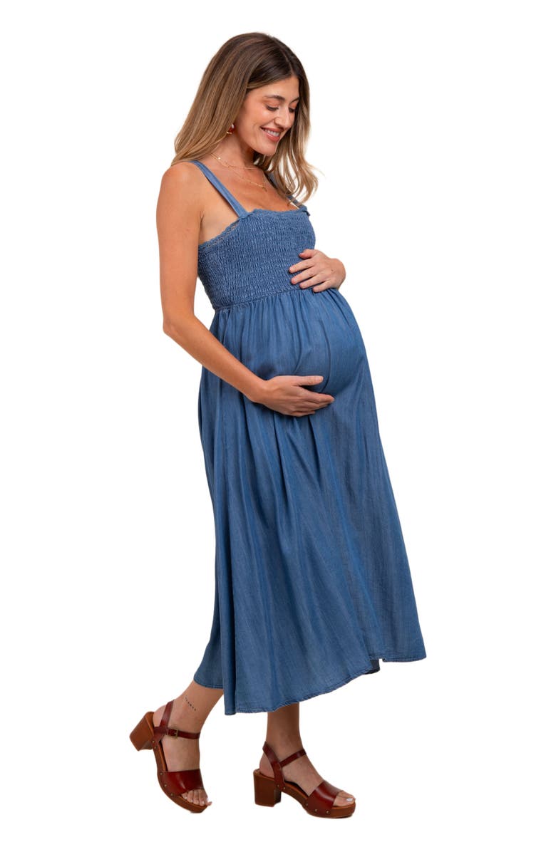 PinkBlush Smocked Chambray Tie Back Cutout Midi Dress, Alternate, color, Blue