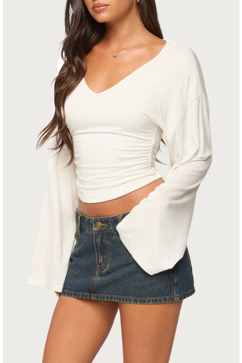 Bebe Ruched Long Sleeve V-Neck T-Shirt, Alternate, color, WHITE
