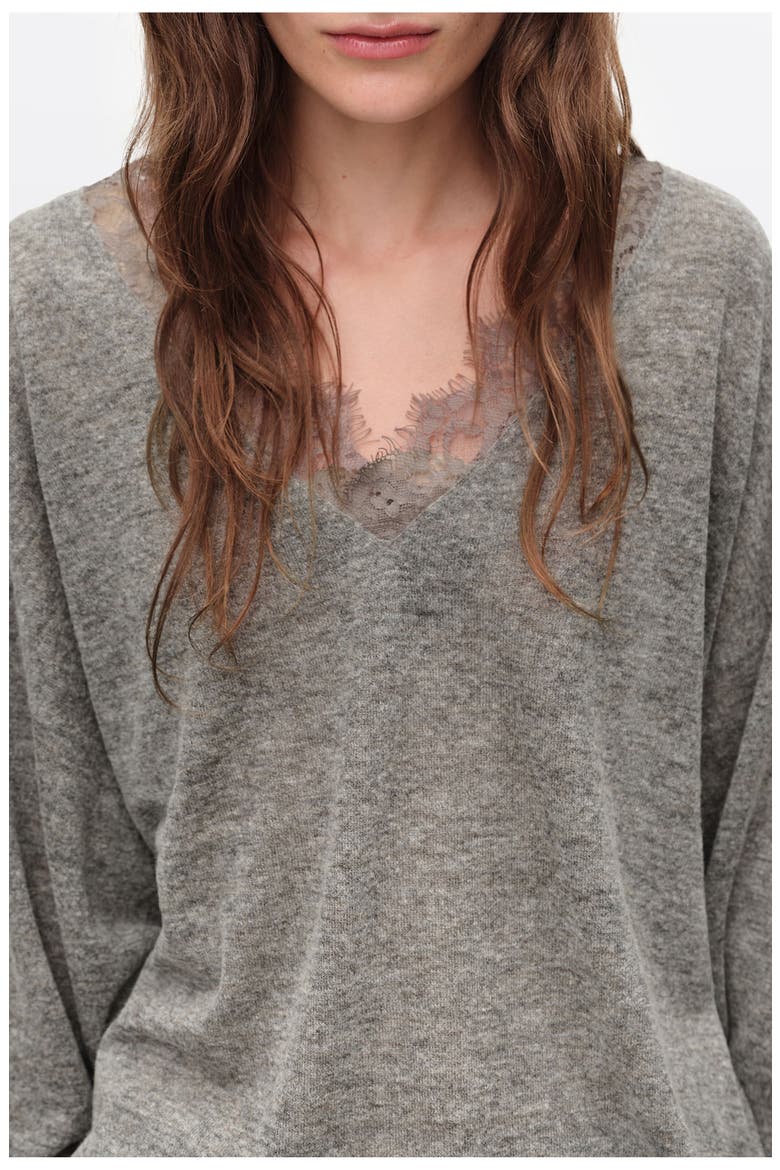 Long Wool Blend Lace Trim Sweater, Alternate, color, DARK GREY MELANGE