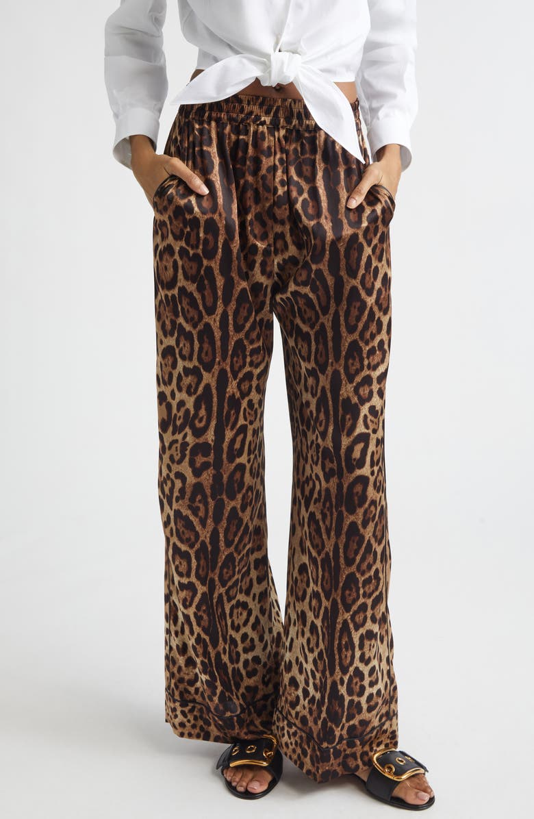 Dolce&Gabbana Leopard Print Wide Leg Stretch Silk Satin Pajama Pants, Main, color, Hy13m Leo New