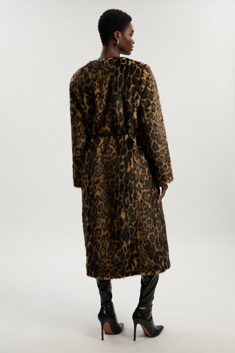 Faux Fur Collarless Tie Belted Midi Coat, Alternate, color, Multi