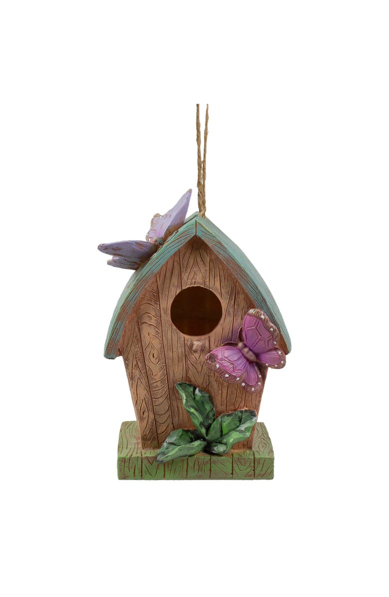 Northlight 10" Brown and Green Hanging Birdhouse with Butterflies Outdoor Garden Decor, Main, color, Brown