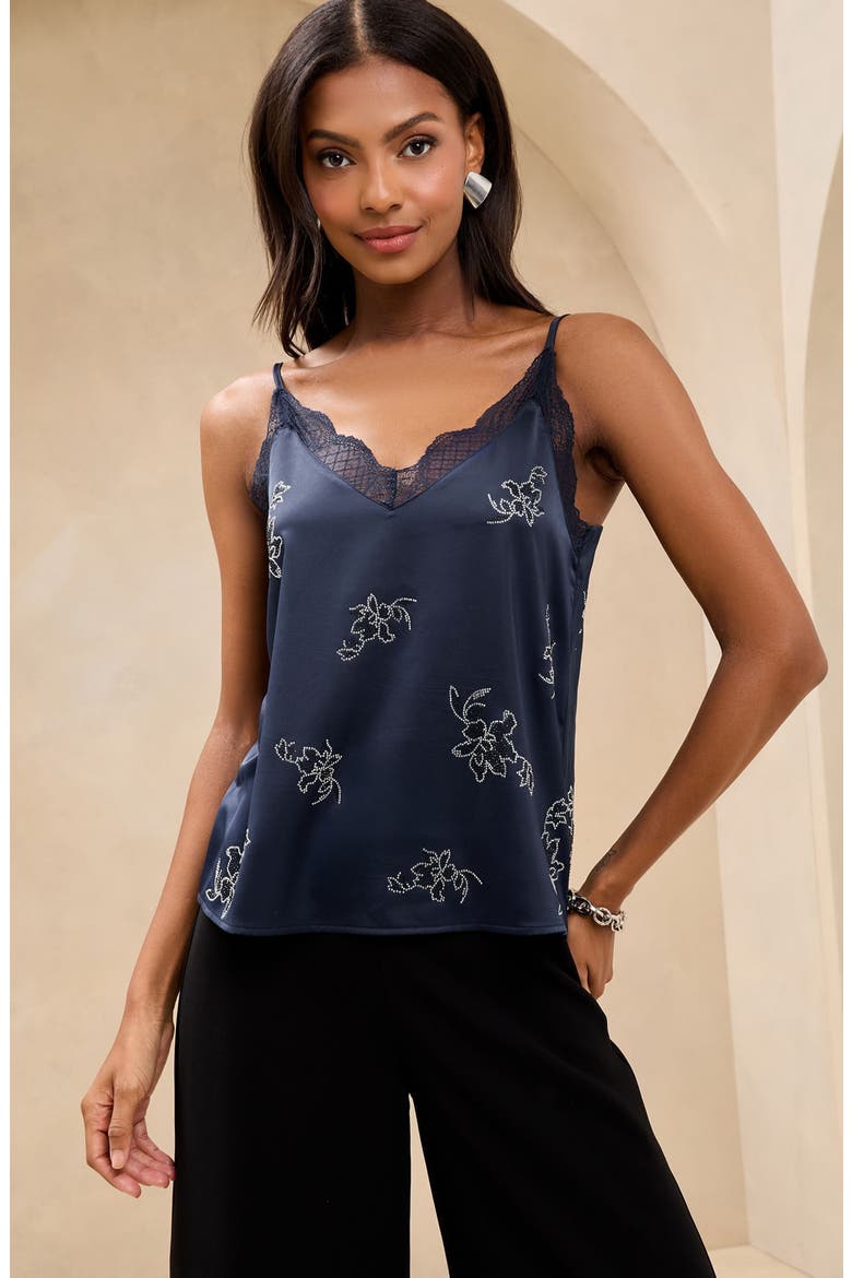 Crystal Embellished Lace Trim Satin Camisole, Alternate, color, BLUE