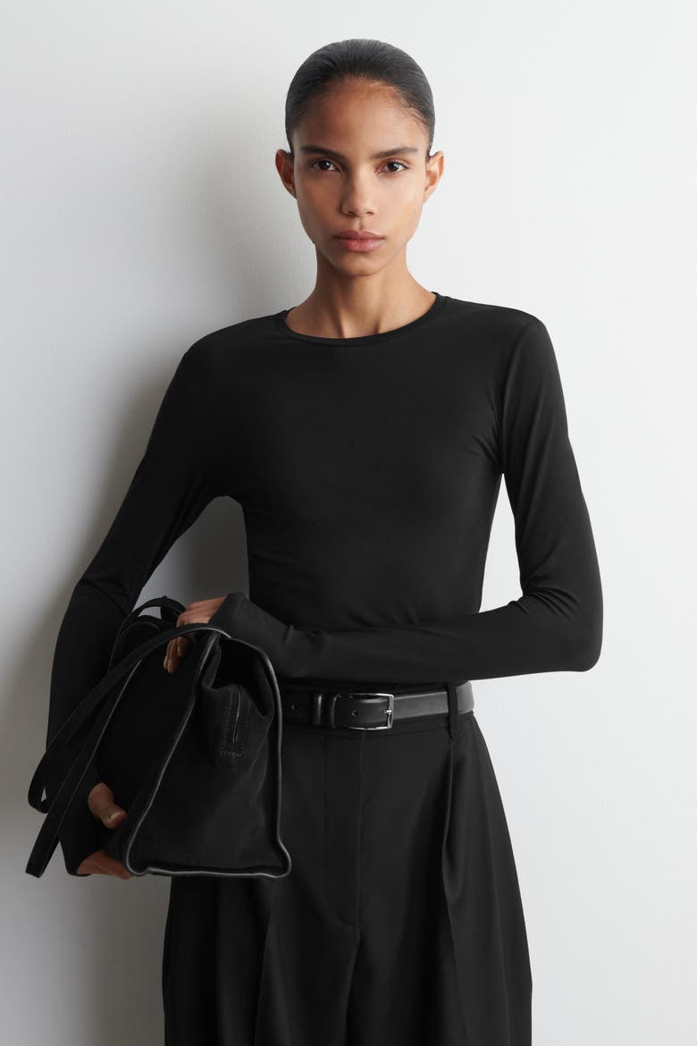 Cotton Long-Sleeved Top, Main, color, BLACK