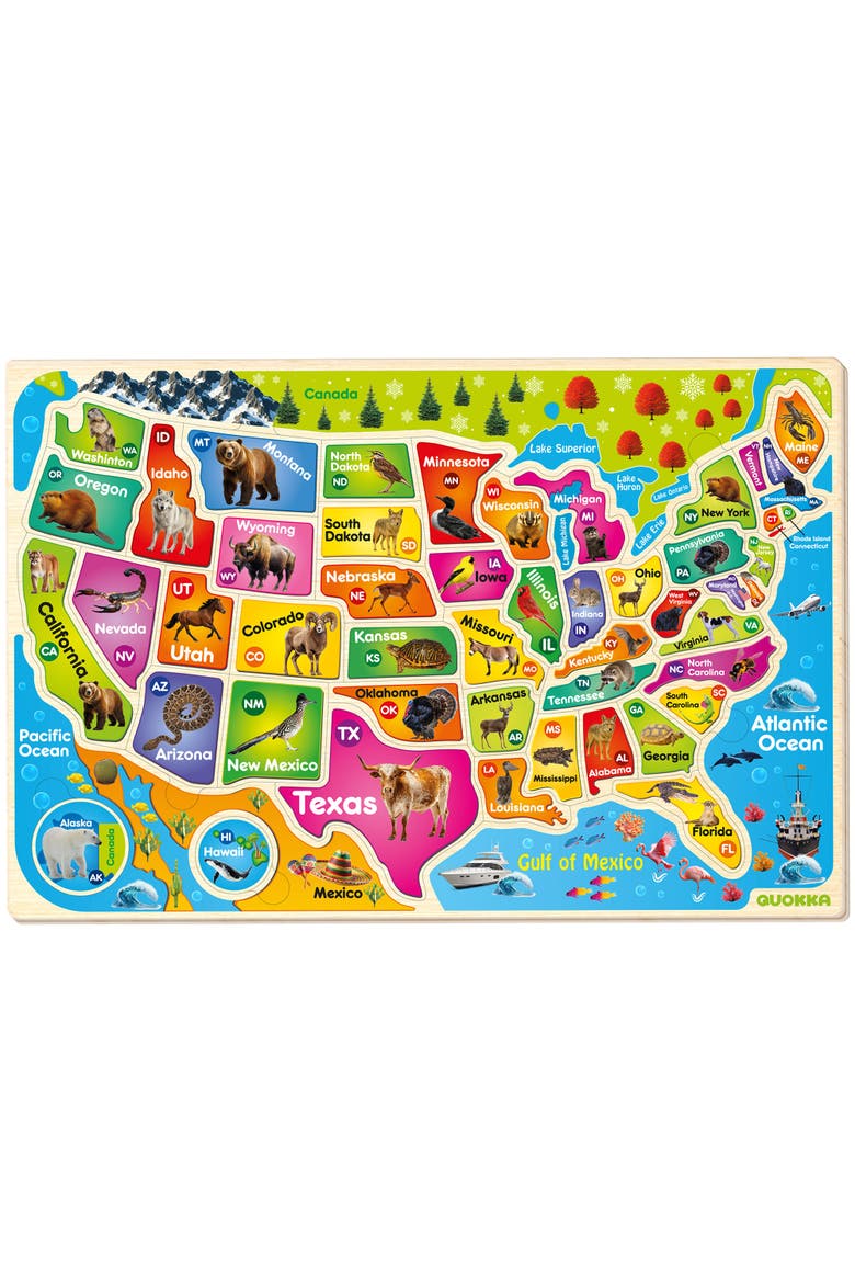 Kids Educational Map Puzzle Set - USA, World Map & Solar System Themes, Main, color, USA Wooden Map