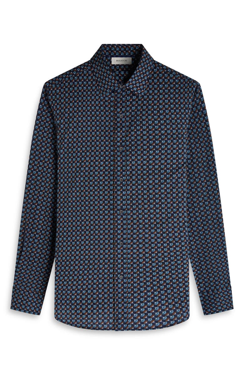 Bugatchi Julian Shaped Fit Geo Print Stretch Cotton Button-Up Shirt, Alternate, color, Teal