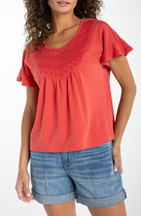 Embroidered Yoke Flutter Sleeve Top (Regular & Petite)