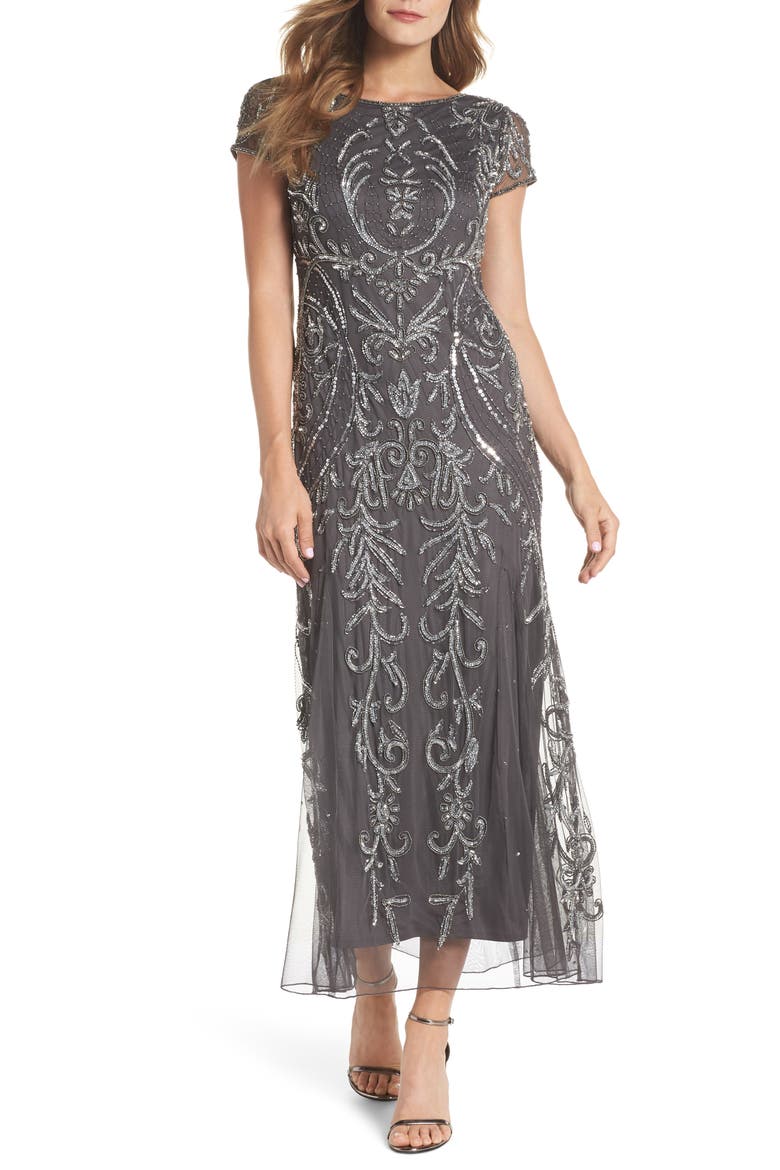 Embellished Mesh Gown, Main, color, SMOKE